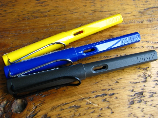 Lamy Safaris in Yellow, Blue and Charcoal Black